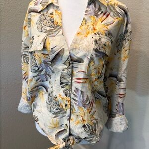 GUESS Floral Tie-Hem Button Shirt in Cream, Yellow & Lavender